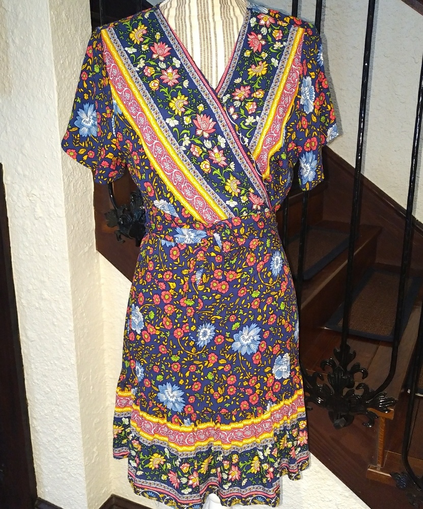 Navy Floral Lightweight Wrap Dress Junior XL
